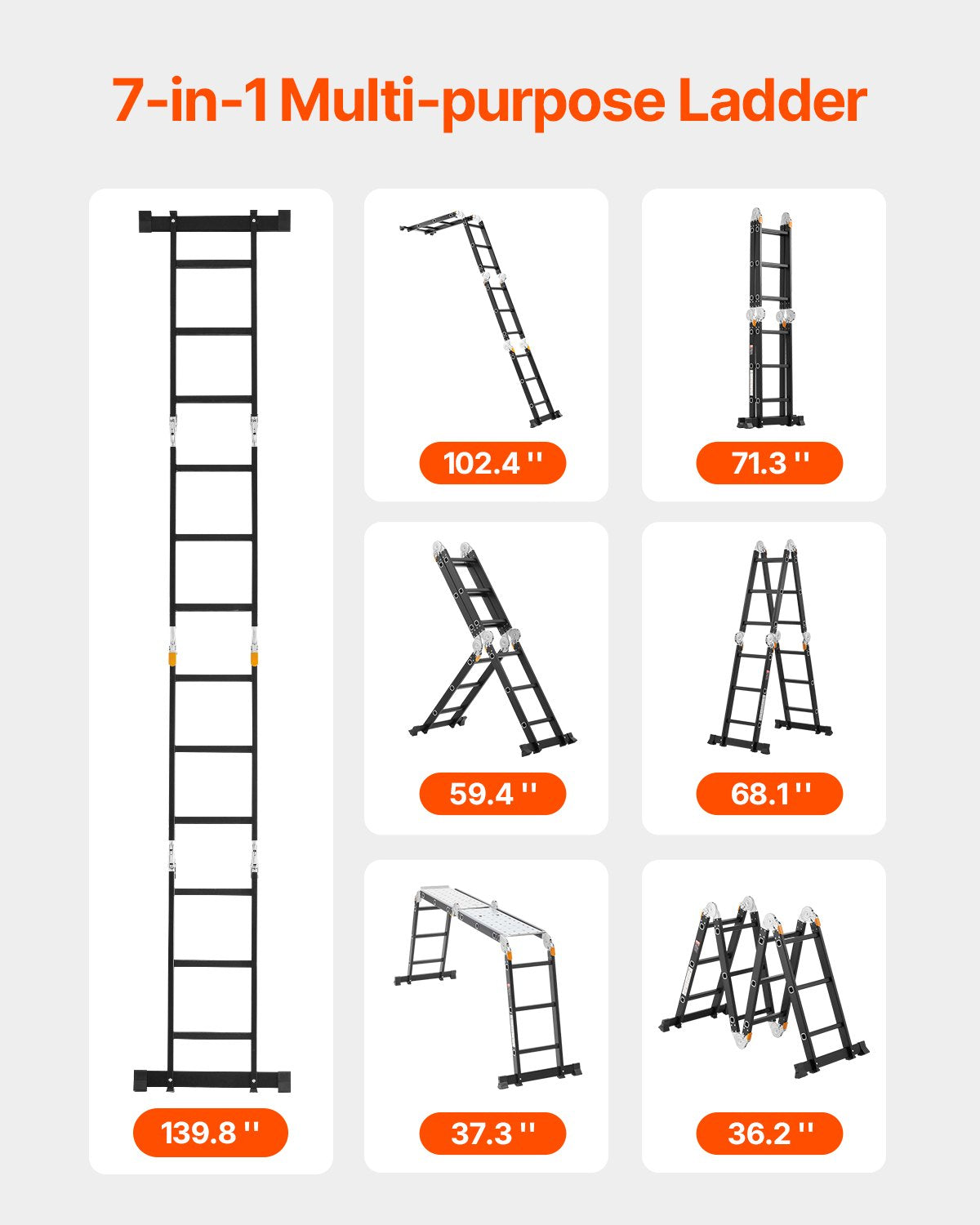 Multi-Purpose Folding Ladder 7-in-1 3 Steps 12 Feet with Scaffolding Plank