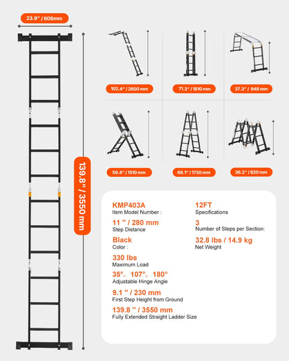 Multi-Purpose Folding Ladder 7-in-1 3 Steps 12 Feet with Scaffolding Plank