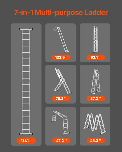Multi-Purpose Folding Ladder 7-in-1 4 Steps 15.5 Feet Reach Height for Work