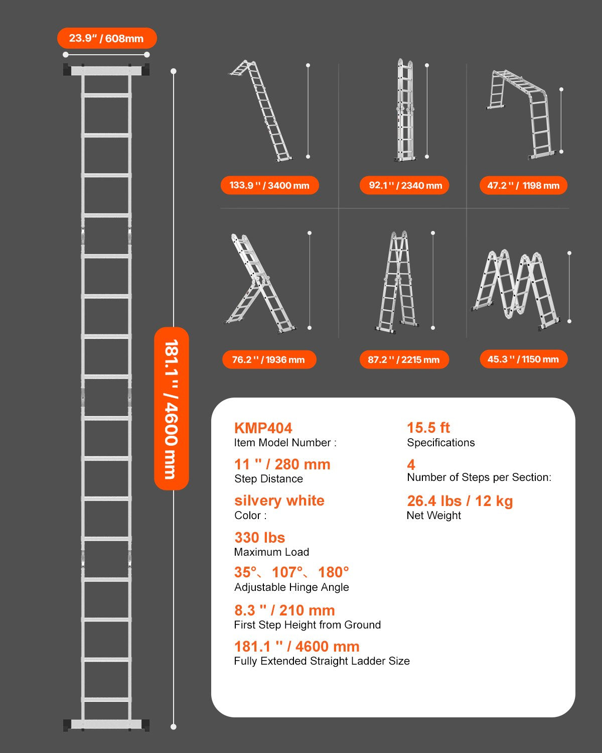 Multi-Purpose Folding Ladder 7-in-1 4 Steps 15.5 Feet Reach Height for Work