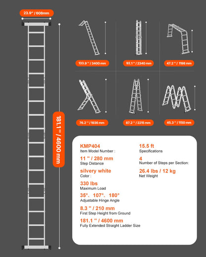 Multi-Purpose Folding Ladder 7-in-1 4 Steps 15.5 Feet Reach Height for Work
