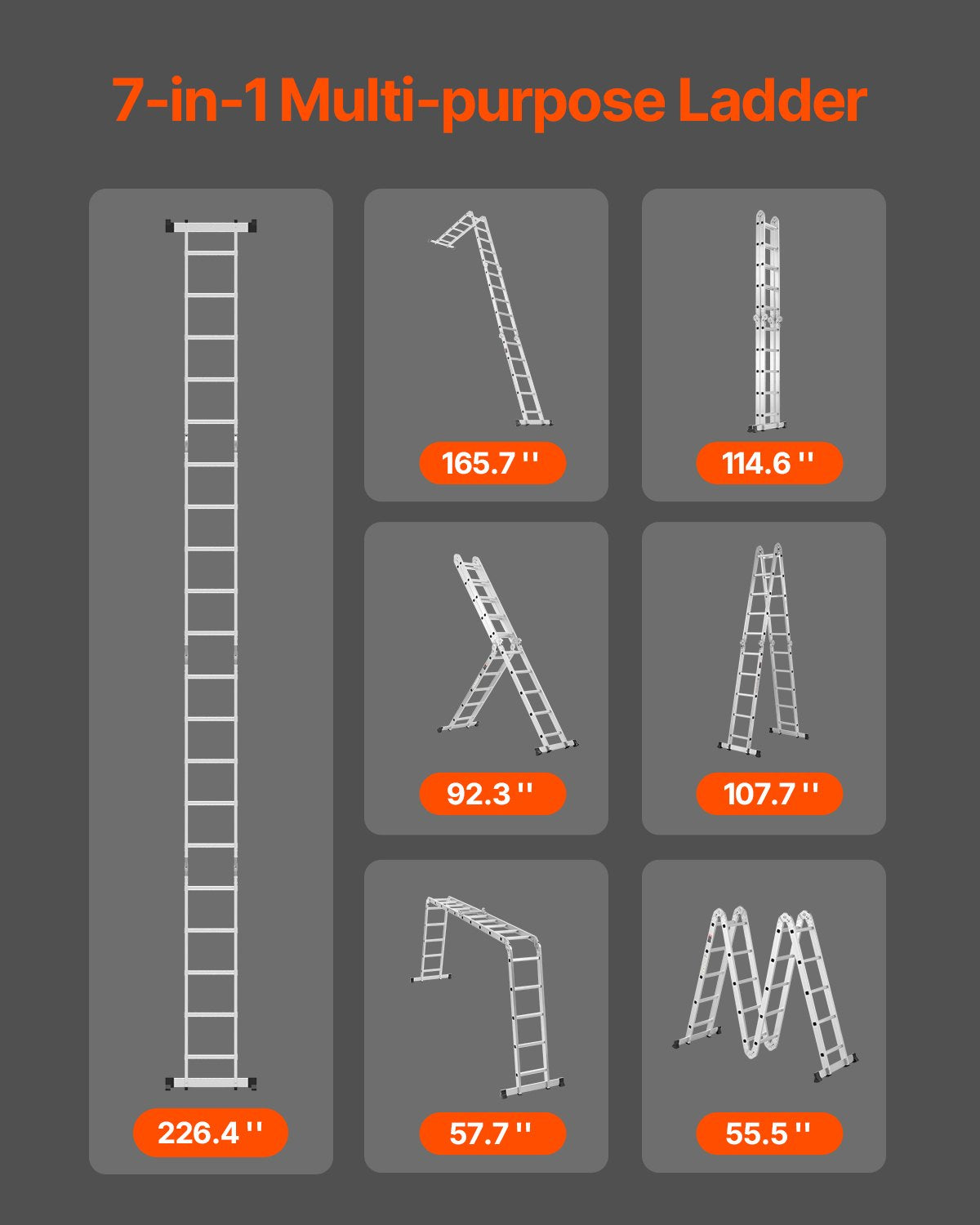Multi-Purpose Folding Ladder 7-in-1 5 Steps 19 ft. Reach Height Metal