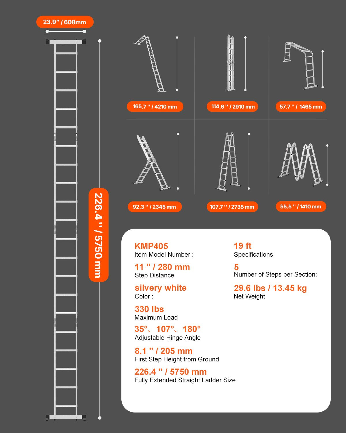 Multi-Purpose Folding Ladder 7-in-1 5 Steps 19 ft. Reach Height Metal