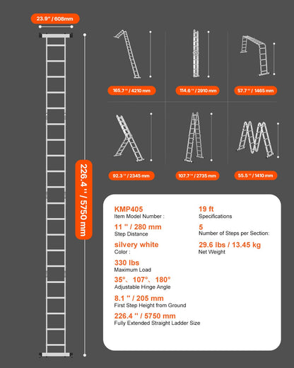 Multi-Purpose Folding Ladder 7-in-1 5 Steps 19 ft. Reach Height Metal