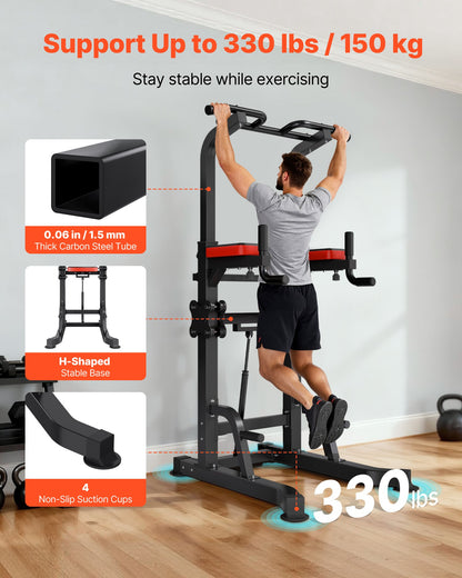 Pull Up Bar, 330 LBS Power Tower Dip Station, Workout Dip Station with H-Shaped Stable Base & Assistance Platform, Adjustable 9 Level Height Pullup Stand for Back, 3-Level Adjustable Elbow Pads