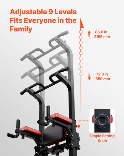 Pull Up Bar, 330 LBS Power Tower Dip Station, Workout Dip Station with H-Shaped Stable Base & Assistance Platform, Adjustable 9 Level Height Pullup Stand for Back, 3-Level Adjustable Elbow Pads