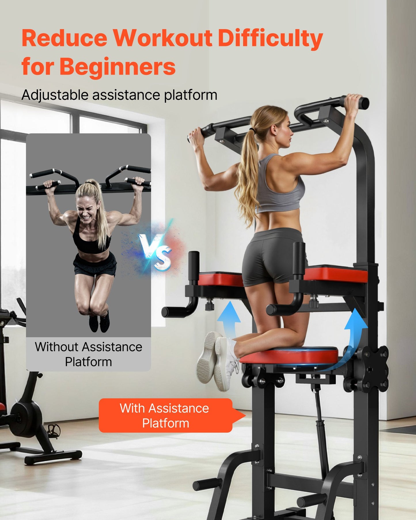 Pull Up Bar, 330 LBS Power Tower Dip Station, Workout Dip Station with H-Shaped Stable Base & Assistance Platform, Adjustable 9 Level Height Pullup Stand for Back, 3-Level Adjustable Elbow Pads