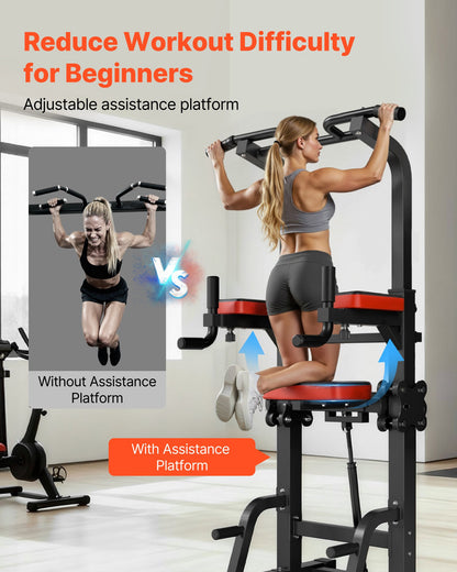 Pull Up Bar, 330 LBS Power Tower Dip Station, Workout Dip Station with H-Shaped Stable Base & Assistance Platform, Adjustable 9 Level Height Pullup Stand for Back, 3-Level Adjustable Elbow Pads