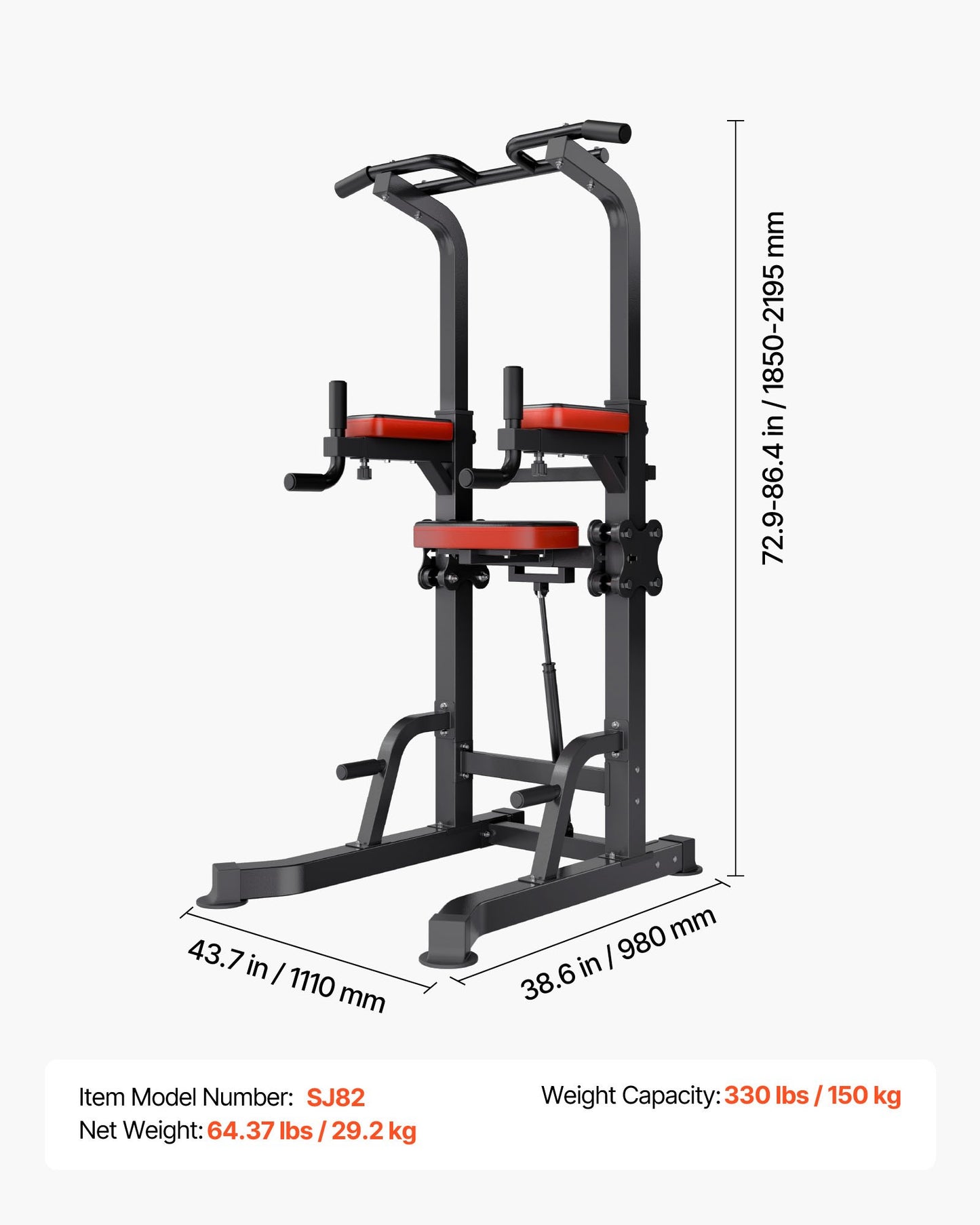 Pull Up Bar, 330 LBS Power Tower Dip Station, Workout Dip Station with H-Shaped Stable Base & Assistance Platform, Adjustable 9 Level Height Pullup Stand for Back, 3-Level Adjustable Elbow Pads