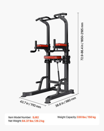 Pull Up Bar, 330 LBS Power Tower Dip Station, Workout Dip Station with H-Shaped Stable Base & Assistance Platform, Adjustable 9 Level Height Pullup Stand for Back, 3-Level Adjustable Elbow Pads