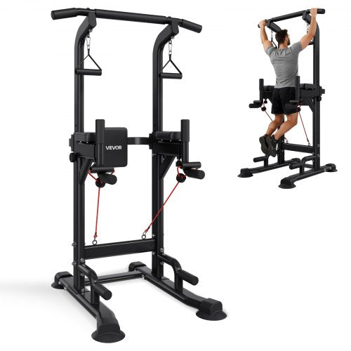 Pull Up Bar, 330 LBS Power Tower Dip Station, Workout Dip Station with H-Shaped Stable Base & Back Pad, Adjustable 12 Level Height Free Standing Chin Up Bar for Back, 4-Level Adjustable Back Pad