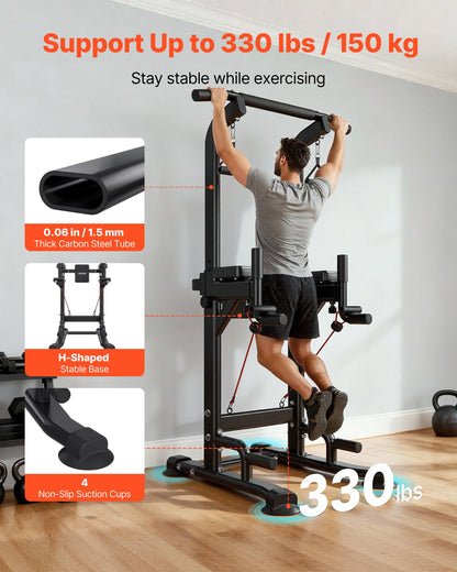 Pull Up Bar, 330 LBS Power Tower Dip Station, Workout Dip Station with H-Shaped Stable Base & Back Pad, Adjustable 12 Level Height Free Standing Chin Up Bar for Back, 4-Level Adjustable Back Pad