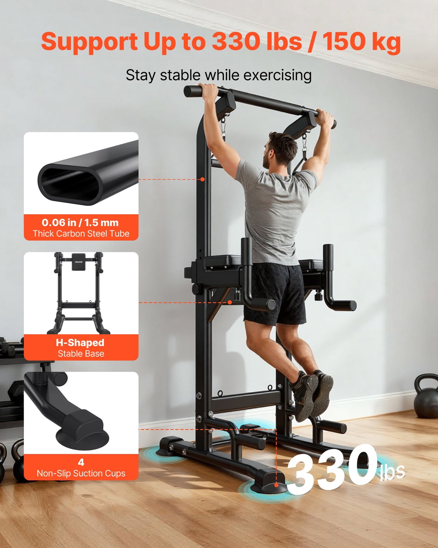 Pull Up Bar, 330 LBS Power Tower Dip Station, Workout Dip Station with H-Shaped Stable Base & Back Pad, Adjustable 12 Level Height Free Standing Chin Up Bar for Back, 4-Level Adjustable Back Pad