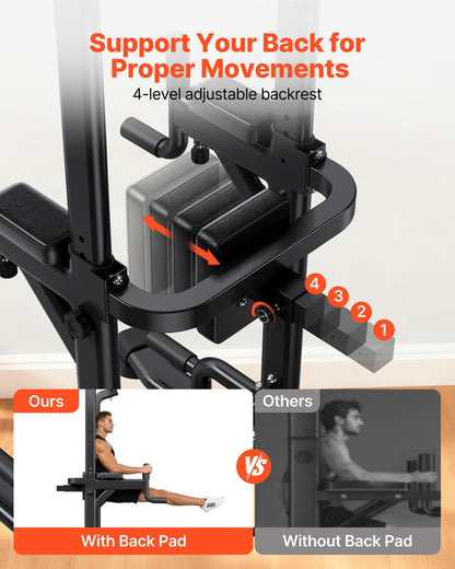 Pull Up Bar, 330 LBS Power Tower Dip Station, Workout Dip Station with H-Shaped Stable Base & Back Pad, Adjustable 12 Level Height Free Standing Chin Up Bar for Back, 4-Level Adjustable Back Pad