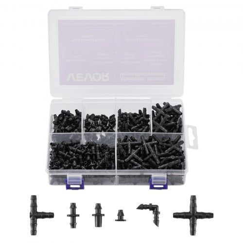 Drip Irrigation Fittings Kit for 1/4" Tubing, 300 Pcs Drip Irrigation System Parts, Tees, Straight Barb, 4 Way Coupling, Elbows, End Plug, Single Barbs, Barbed Connectors for Yard Garden Lawn