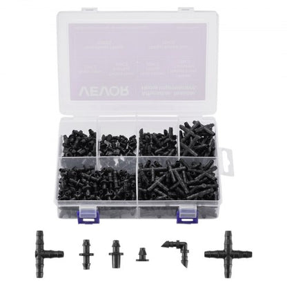 Drip Irrigation Fittings Kit for 1/4" Tubing, 300 Pcs Drip Irrigation System Parts, Tees, Straight Barb, 4 Way Coupling, Elbows, End Plug, Single Barbs, Barbed Connectors for Yard Garden Lawn
