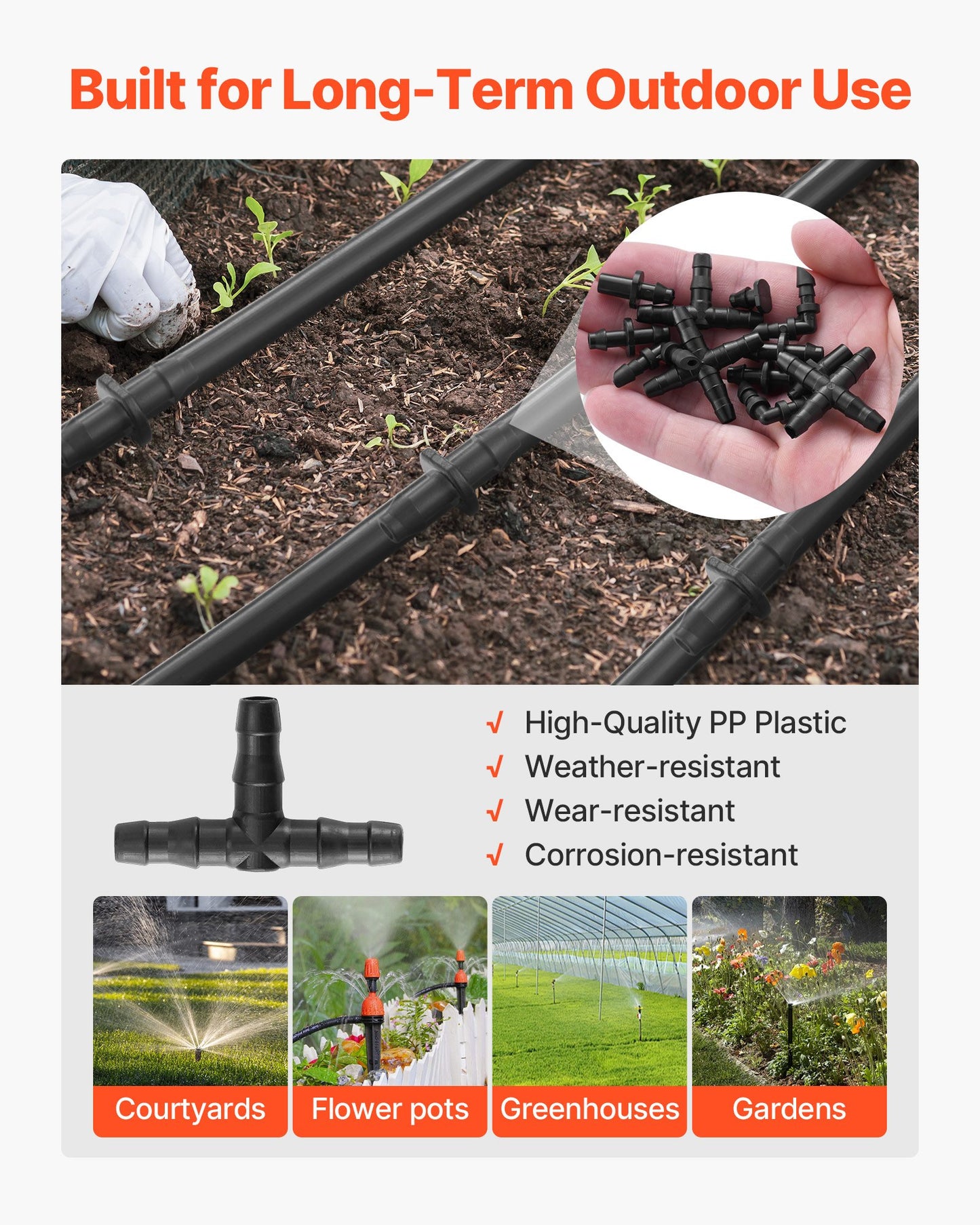 Drip Irrigation Fittings Kit for 1/4" Tubing, 300 Pcs Drip Irrigation System Parts, Tees, Straight Barb, 4 Way Coupling, Elbows, End Plug, Single Barbs, Barbed Connectors for Yard Garden Lawn