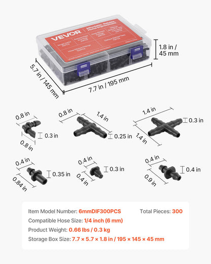 Drip Irrigation Fittings Kit for 1/4" Tubing, 300 Pcs Drip Irrigation System Parts, Tees, Straight Barb, 4 Way Coupling, Elbows, End Plug, Single Barbs, Barbed Connectors for Yard Garden Lawn