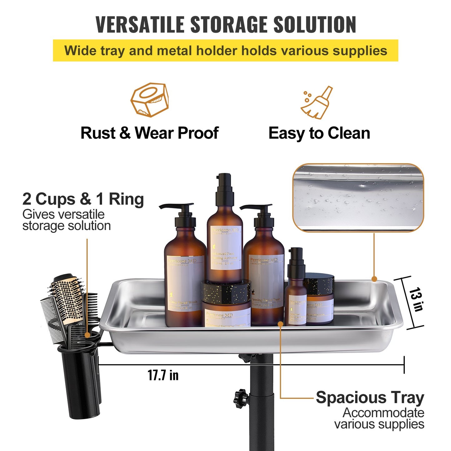Mayo Stand Medical Tray, Height Adjustable Stainless Steel Salon Tray Easy Assemble Tattoo Cart Lab Tray with 2 Cups & 1 Metal Ring for SPA Clinic Personal Care Lab Hospital Dentistry, Silver