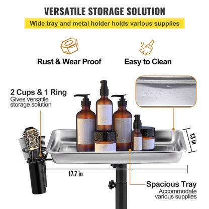 Mayo Stand Medical Tray, Height Adjustable Stainless Steel Salon Tray Easy Assemble Tattoo Cart Lab Tray with 2 Cups & 1 Metal Ring for SPA Clinic Personal Care Lab Hospital Dentistry, Silver