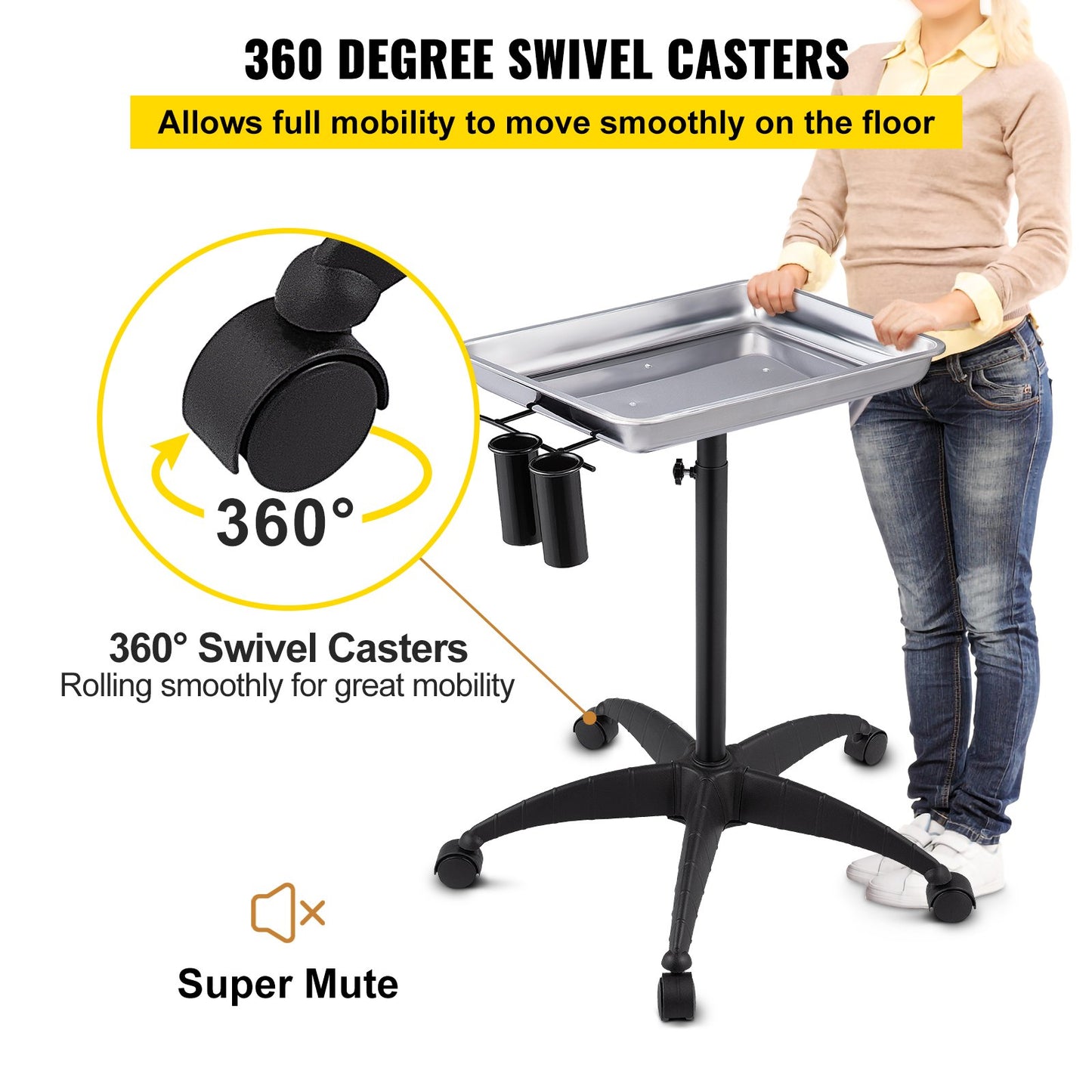 Mayo Stand Medical Tray, Height Adjustable Stainless Steel Salon Tray Easy Assemble Tattoo Cart Lab Tray with 2 Cups & 1 Metal Ring for SPA Clinic Personal Care Lab Hospital Dentistry, Silver