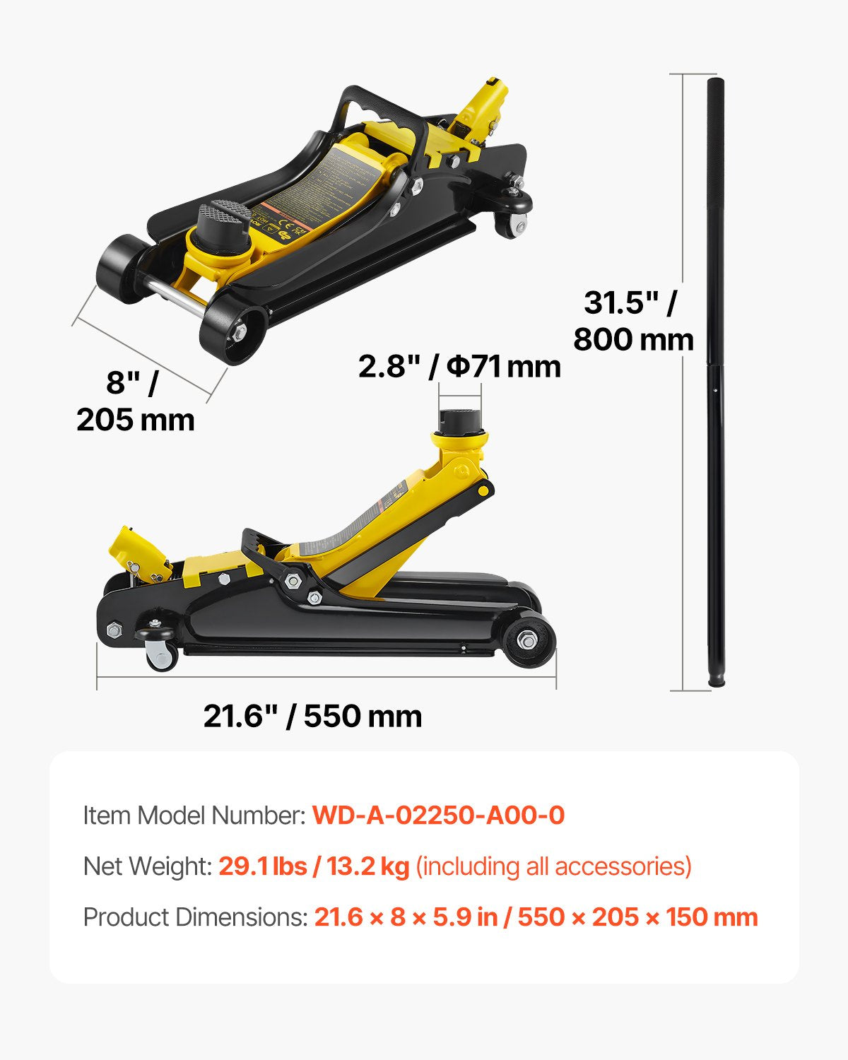 Floor Jack, 2.5 Ton Low Profile Floor Jack, Heavy-duty Steel Racing Floor Jack With Single Piston Lift Pump, Floor Jack Lifting Range 3.35"-14.96"