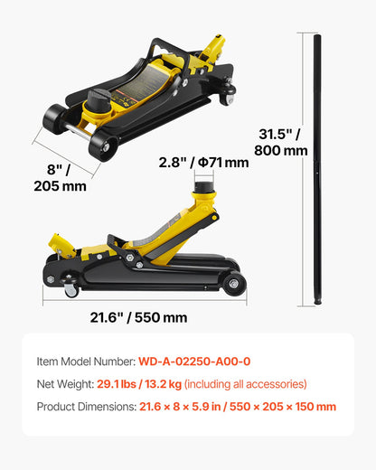 Floor Jack, 2.5 Ton Low Profile Floor Jack, Heavy-duty Steel Racing Floor Jack With Single Piston Lift Pump, Floor Jack Lifting Range 3.35"-14.96"