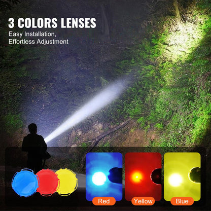 Rechargeable Spotlight Flashlight, 200,000 Lumens, IP67 Waterproof Handheld LED Spot Light, Super Bright Portable Searchlight with 4 Modes Detachable Lens USB Port, for Hunting Boating Camping