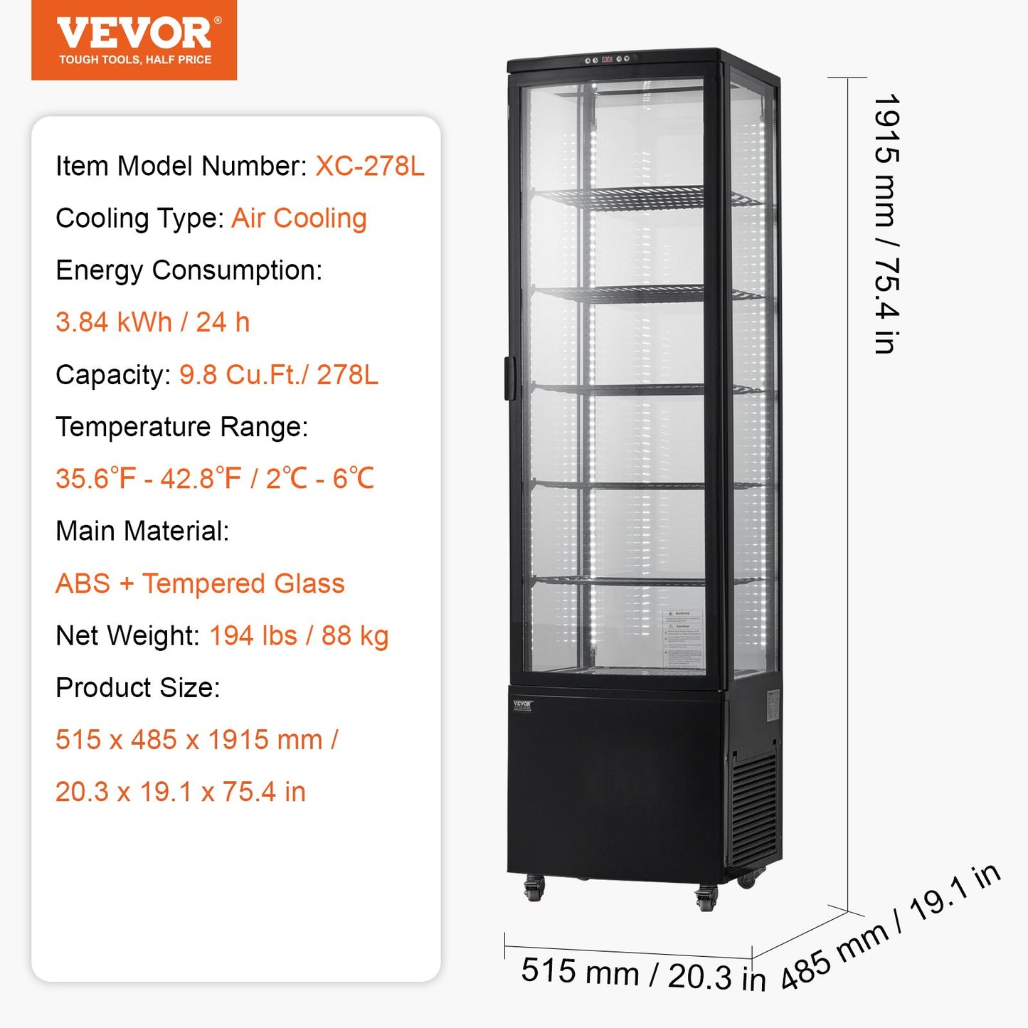 Refrigerated Display Case, 9.8 Cu.Ft./278L Large Pastry Display Case, 5-Tier Commercial Display Refrigerator with LED Lighting, TURBO Cooling, Frost-Free Air-Cooling, for Bakery