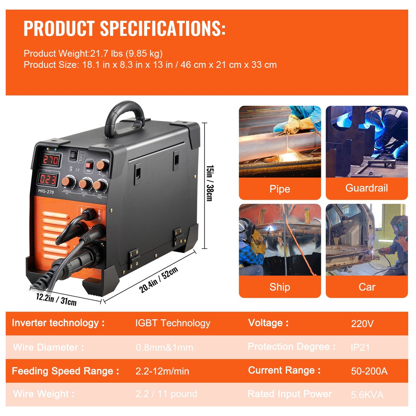MIG Welder, 3 in 1 Welder Welding Machine, 270 Amp MIG Lift TIG Arc Welder 110V 220V Lift TIG Welder Lift ARC Welder Digital Display Combo Welding Machine MMA Stick IGBT DC Inverter Welder