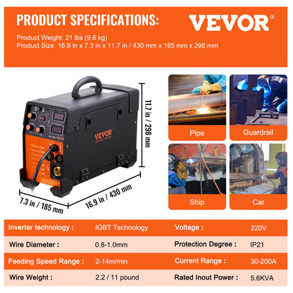 MIG Welder 200 Amp MIG LIFT TIG Arc Welder 3 in 1 Welder Welder Machine 220V TIG Welder Lift ARC Welder MMA Stick IGBT DC Inverter Welder Digital Display Combo Svetsmaskin