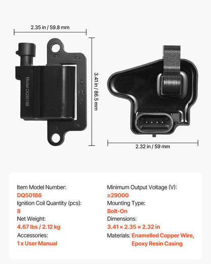 Ignition Coil Pack, Set of 8, Compatible with Chevrolet Silverado GMC Sierra Savana Envoy Cadillac Escalade Hummer H2, for Engines 4.8L/5.3L/6.0L V8, Replacement for UF271 52-1618 5C1083 C1208