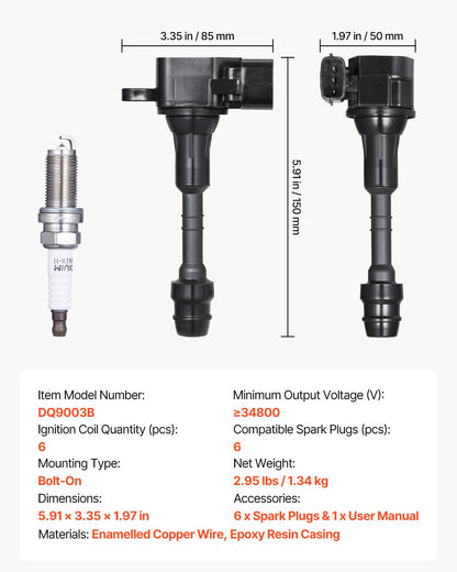 Ignition Coil Pack and Spark Plugs, Set of 6, Compatible with Nissan Maxima Murano Altima Pathfinder Quest Xterra Pathfinder Frontier Infiniti I35 QX4 3.5L 4.0L V6, Replacement for UF349 C1406