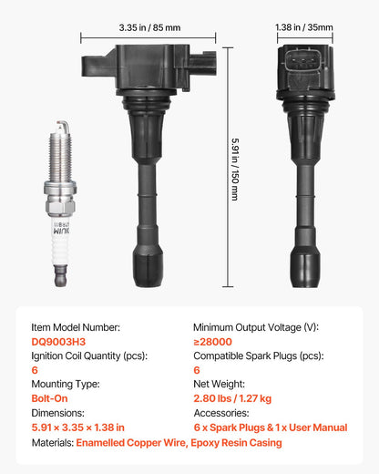 Ignition Coil Pack and Spark Plugs, Set of 6, Compatible with Nissan Murano Maxima Pathfinder 350Z Altima Quest Infiniti EX35 FX35 G25 G35 JX35 M35 M35h Q50 Q70 QX60 3.5L V6, for UF550 C1670