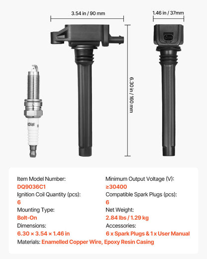 Ignition Coil Pack and Spark Plugs, Set of 6, Compatible with Dodge Grand Caravan Charger Durango Journey Avenger Challenger Jeep Cherokee Grand Cherokee Compass Chrysler Ram ProMaster 3.6L V6