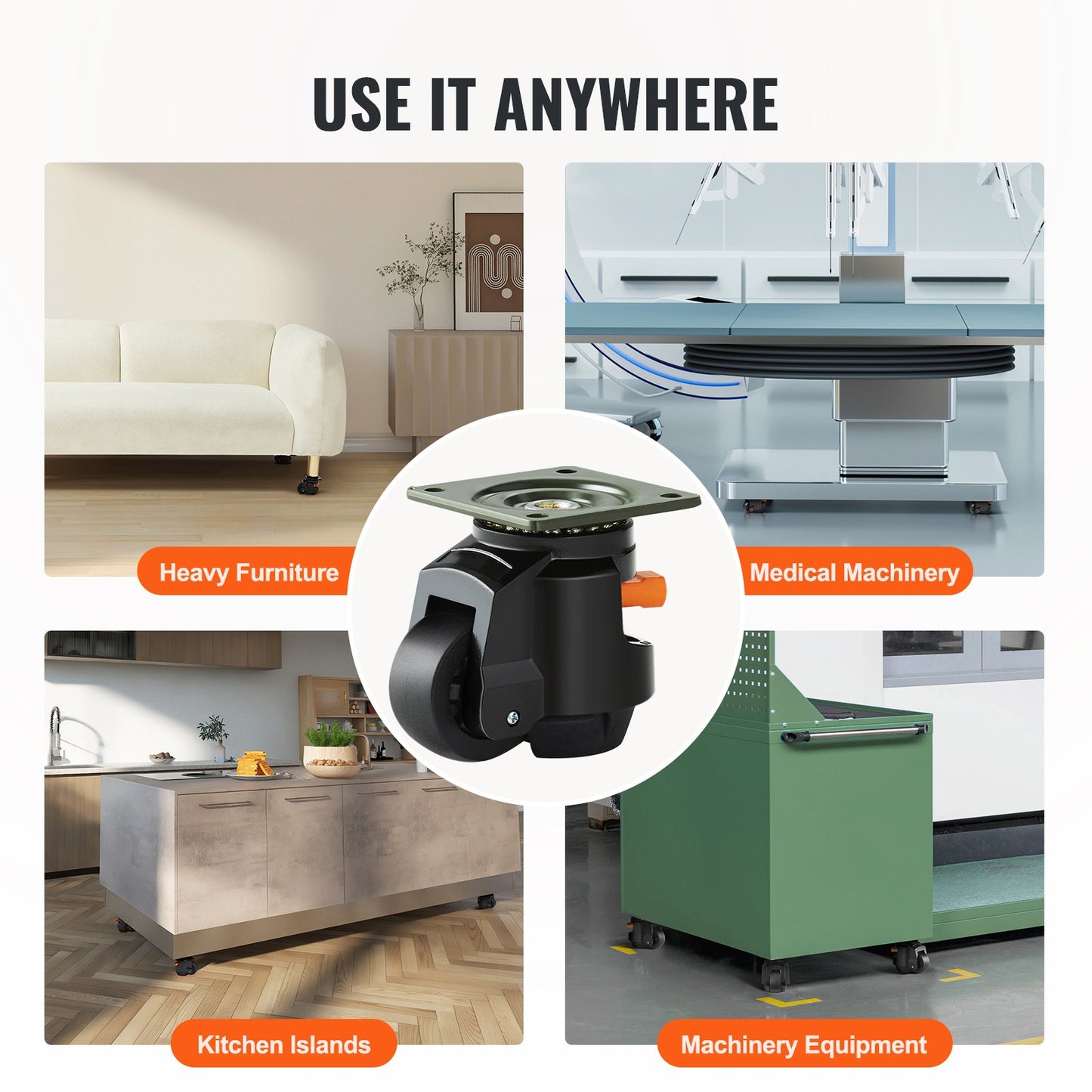 Leveling Casters, Set of 4, 2200 lbs Total Load Capacity, 2.5 Inch, Heavy Duty with Upgraded Handle Design, 360 Degree Swivel Casters, Adjustable Casters with Feet for Workbench, Machine