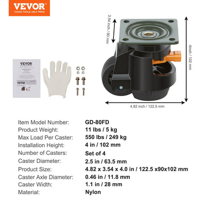 Leveling Casters, Set of 4, 2200 lbs Total Load Capacity, 2.5 Inch, Heavy Duty with Upgraded Handle Design, 360 Degree Swivel Casters, Adjustable Casters with Feet for Workbench, Machine
