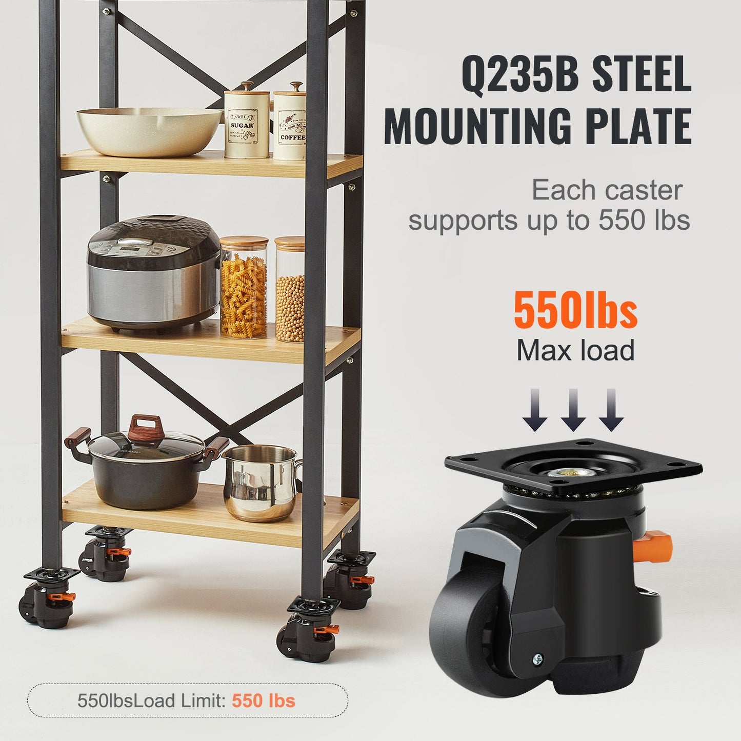 Leveling Casters, Set of 4, 2200 lbs Total Load Capacity, 2.5 inches, Heavy Duty with Upgraded Handle Design, 360 Degree Swivel Caster Wheels, Adjustable Casters with Feet for Workbench, Machine