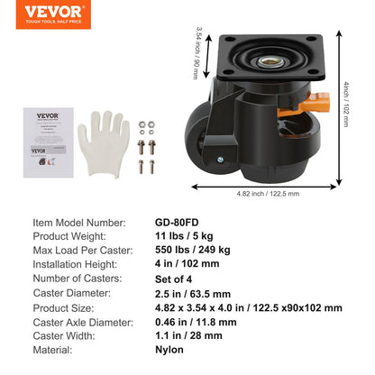 Leveling Casters, Set of 4, 2200 lbs Total Load Capacity, 2.5 inches, Heavy Duty with Upgraded Handle Design, 360 Degree Swivel Caster Wheels, Adjustable Casters with Feet for Workbench, Machine