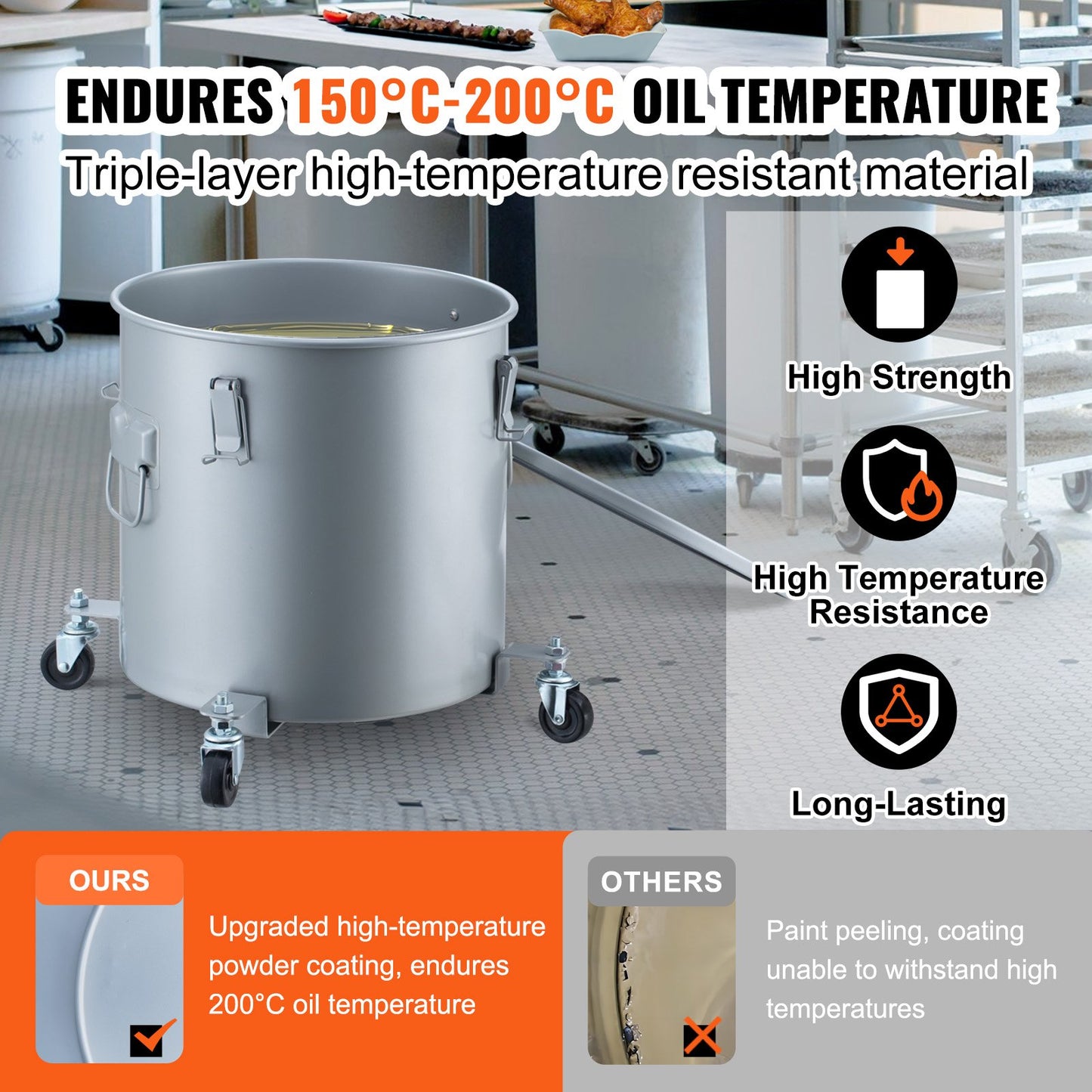 Fryer Grease Bucket, 16 Gal Oil Disposal Caddy with Caster Base, Carbon Steel Rust-Proof Coating, Oil Transport Container with Lid, Lock Clips, Filter Bag for Hot Cooking Oil Filtering, Gray