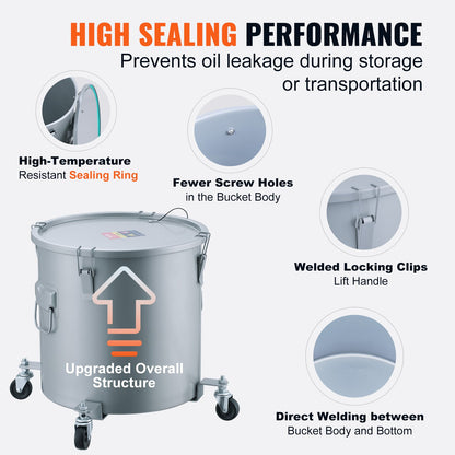 Fryer Grease Bucket, 16 Gal Oil Disposal Caddy with Caster Base, Carbon Steel Rust-Proof Coating, Oil Transport Container with Lid, Lock Clips, Filter Bag for Hot Cooking Oil Filtering, Gray