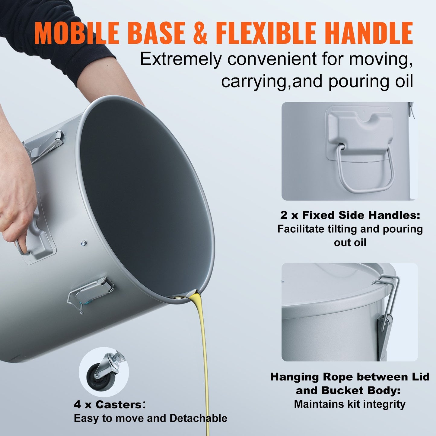 Fryer Grease Bucket, 16 Gal Oil Disposal Caddy with Caster Base, Carbon Steel Rust-Proof Coating, Oil Transport Container with Lid, Lock Clips, Filter Bag for Hot Cooking Oil Filtering, Gray