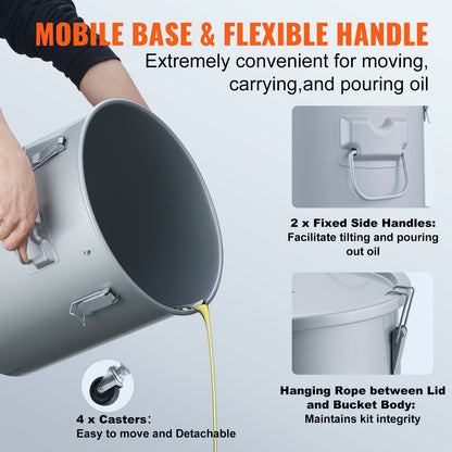 Fryer Grease Bucket, 16 Gal Oil Disposal Caddy with Caster Base, Carbon Steel Rust-Proof Coating, Oil Transport Container with Lid, Lock Clips, Filter Bag for Hot Cooking Oil Filtering, Gray