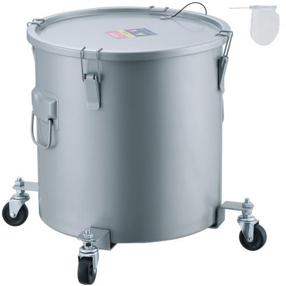 Fryer Grease Bucket, 8 Gal Oil Disposal Caddy with Caster Base, Carbon Steel with Rust-Proof Coating, Oil Transport Container with Lid, Lock Clips, Filter Bag for Hot Cooking Oil Filtering, Gray