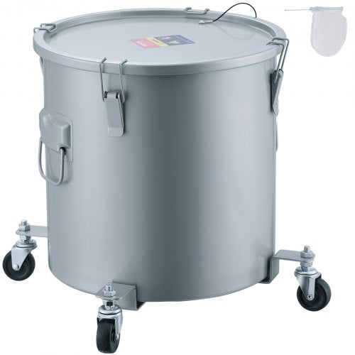 Fryer Grease Bucket, 8 Gal Oil Disposal Caddy with Caster Base, Carbon Steel with Rust-Proof Coating, Oil Transport Container with Lid, Lock Clips, Filter Bag for Hot Cooking Oil Filtering, Gray