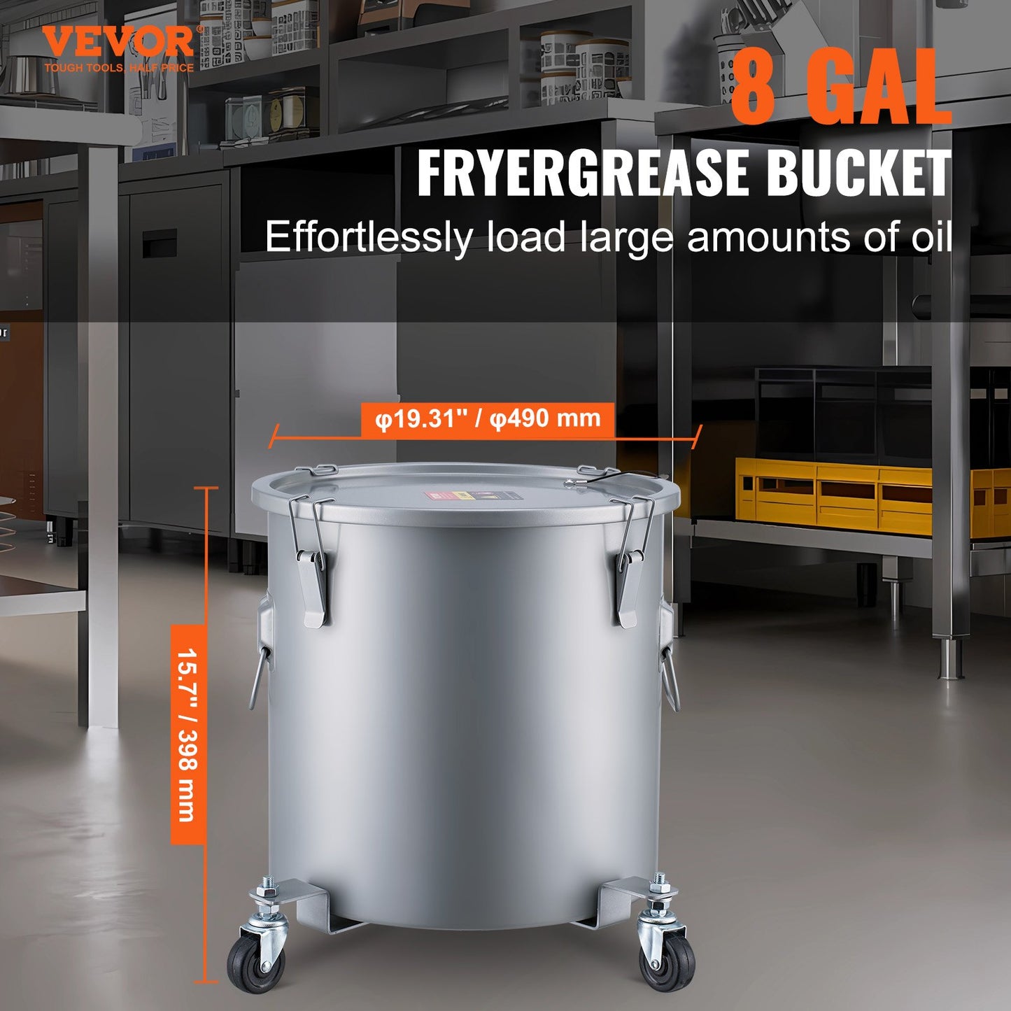 Fryer Grease Bucket, 8 Gal Oil Disposal Caddy with Caster Base, Carbon Steel with Rustproof Coating, Oil Transport Container with Lid, Locking Clips, Filter Bag for Hot Cooking Oil Filtration, Gray
