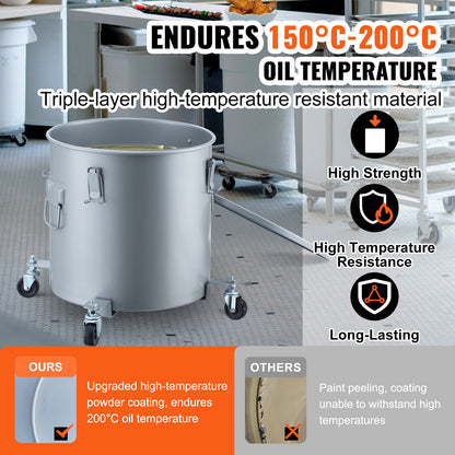Fryer Grease Bucket, 8 Gal Oil Disposal Caddy with Caster Base, Carbon Steel with Rust-Proof Coating, Oil Transport Container with Lid, Lock Clips, Filter Bag for Hot Cooking Oil Filtering, Gray
