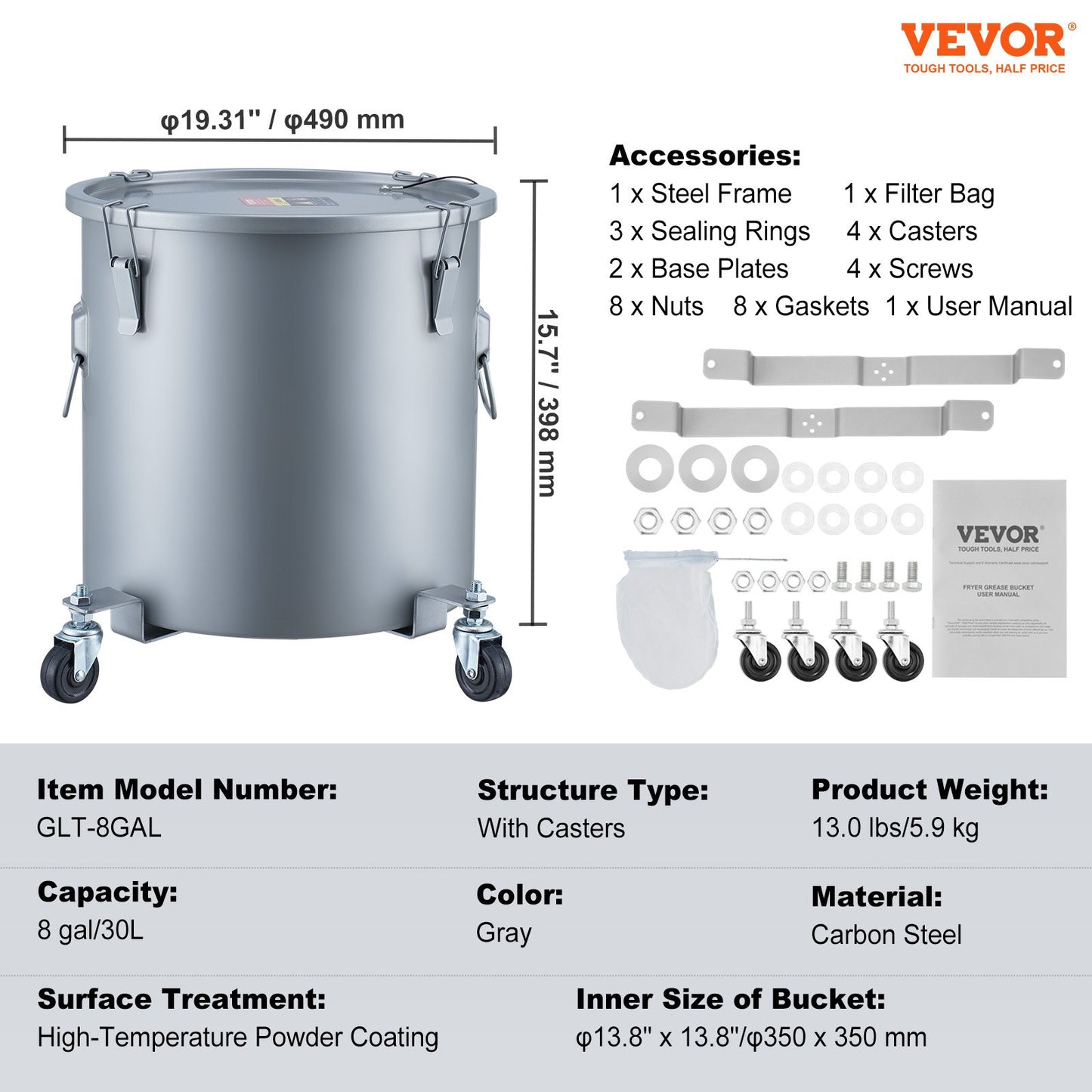 Fryer Grease Bucket, 8 Gal Oil Disposal Caddy with Caster Base, Carbon Steel with Rustproof Coating, Oil Transport Container with Lid, Locking Clips, Filter Bag for Hot Cooking Oil Filtration, Gray