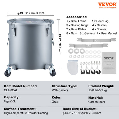 Fryer Grease Bucket, 8 Gal Oil Disposal Caddy with Caster Base, Carbon Steel with Rustproof Coating, Oil Transport Container with Lid, Locking Clips, Filter Bag for Hot Cooking Oil Filtration, Gray