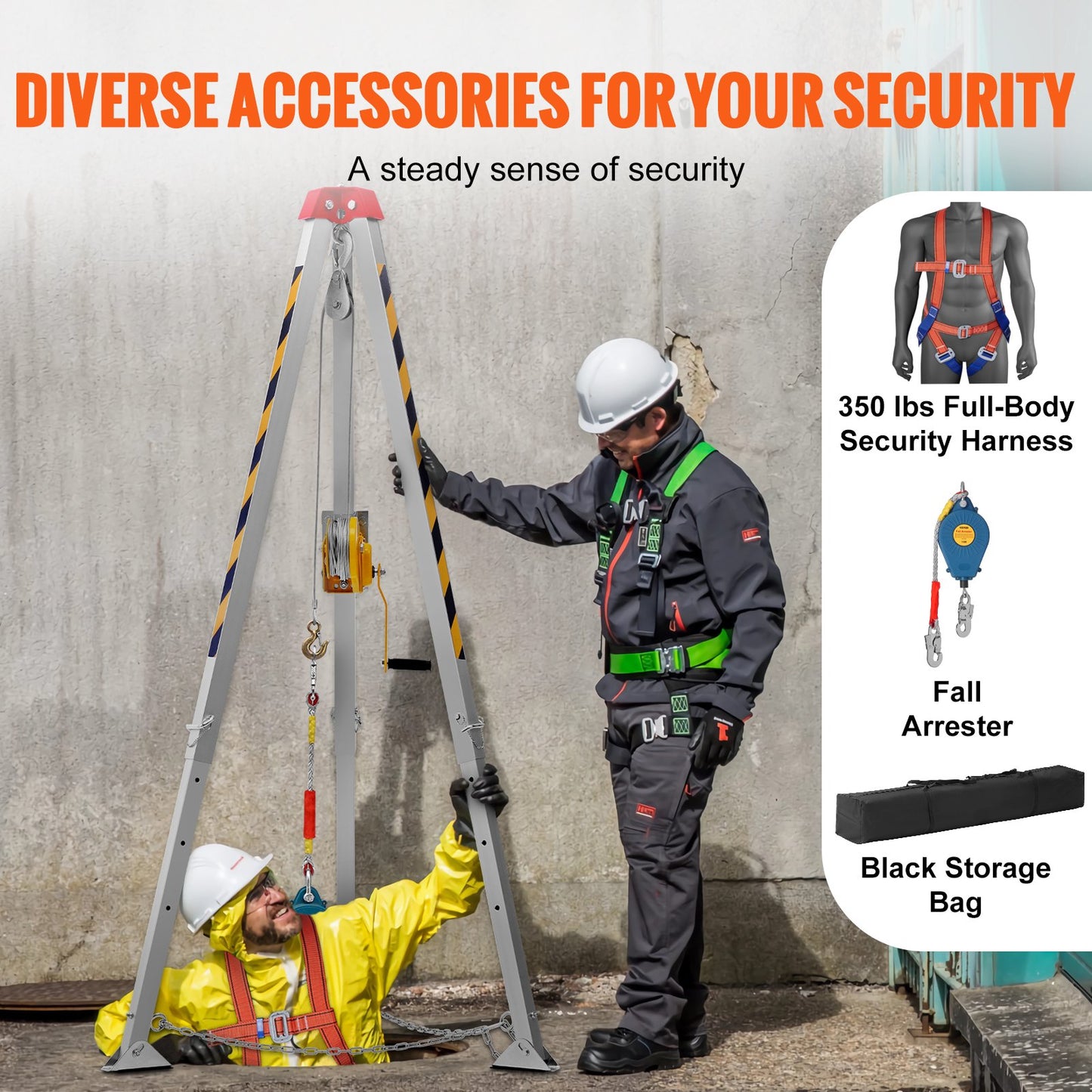 Confined Space Tripod Kit, Confined Space Tripod 7' Legs and 98' Cable, Confined Space Rescue Tripod 32.8' Fall Protection, 1200 lbs Winch, Harness, Storage Bag